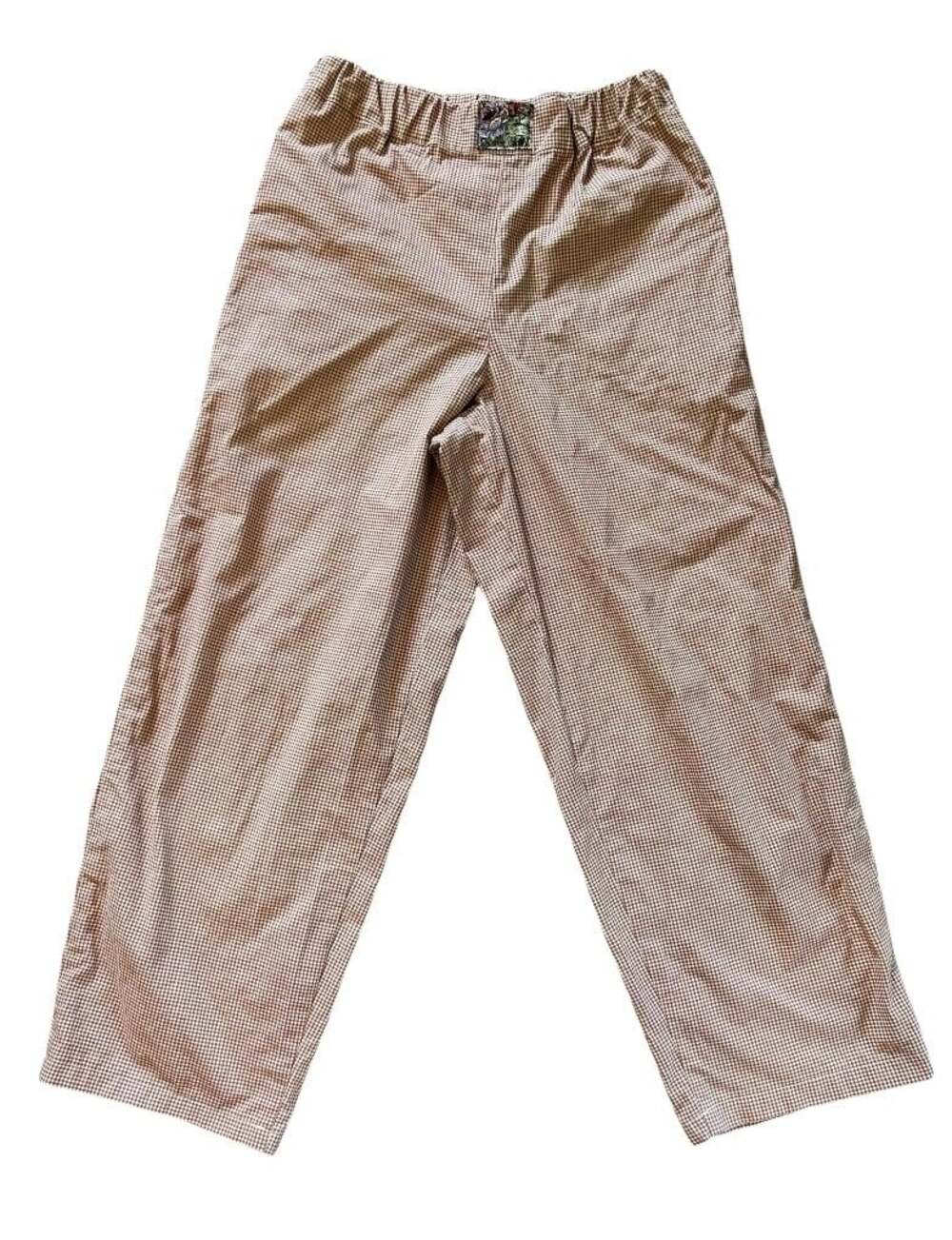 Elastic Waist Checked Pattern Capri/Pants Floral Logo On Front